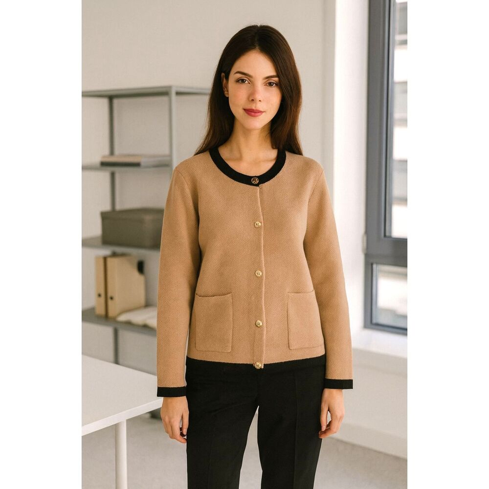 Zaful Chanel Look Camel and Black Sweater W/Gol Buttons SZ NEW